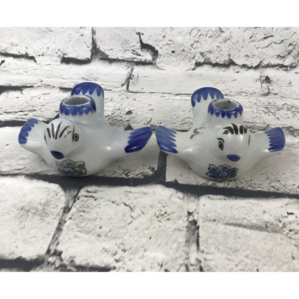 Mexican Pottery Tonala Hand Painted Blue Bird 2 Candle Holders Folk Art Vintage